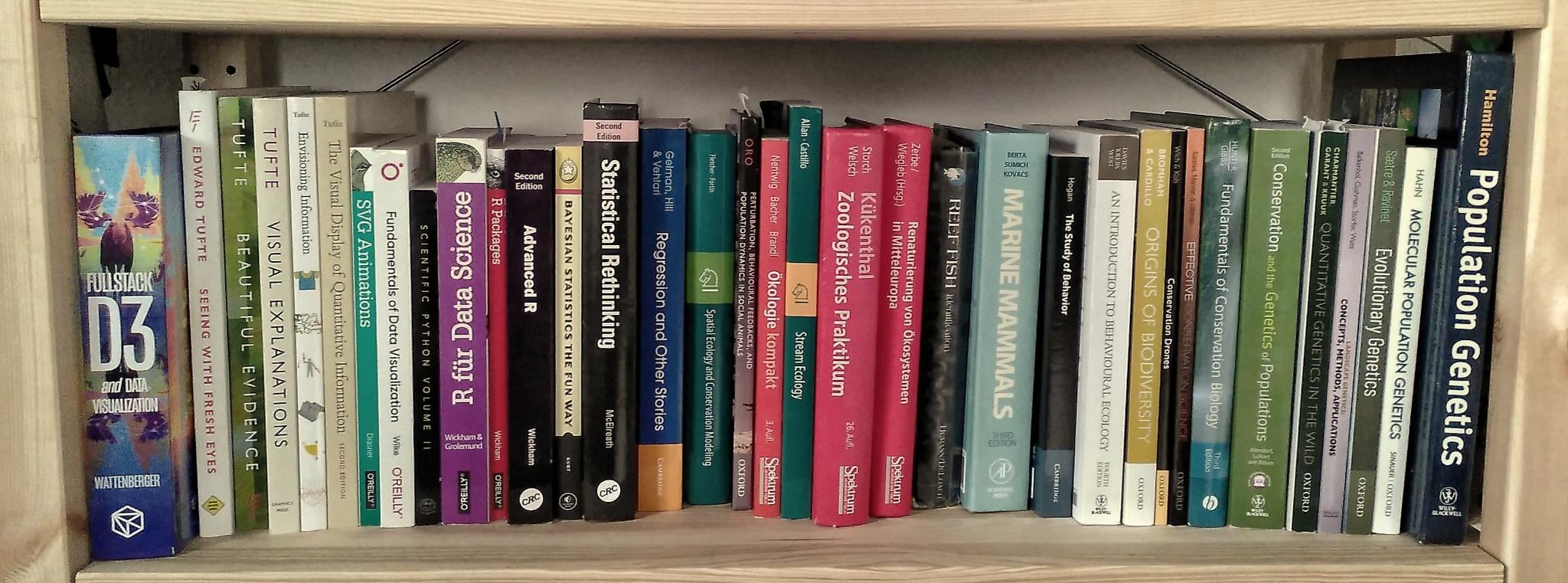 glimps of my bookshelf with a selection of population genetic and coding text books